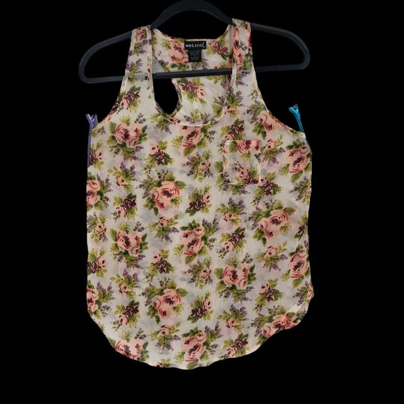 Vtg Wet Seal Sheer Razor Back Tank Yop Pink & Purple Floral Print sz S - Picture 1 of 9
